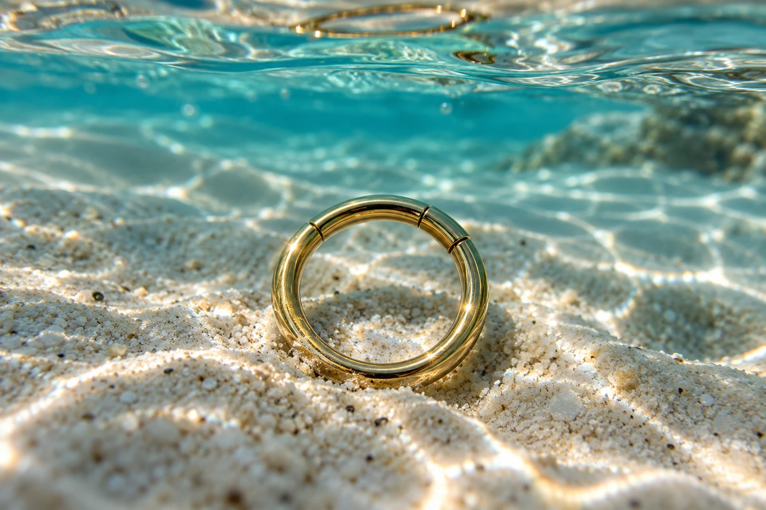 Anneau clicker doré posé sur le sable blanc sous quelques centimètres d'eau turquoise