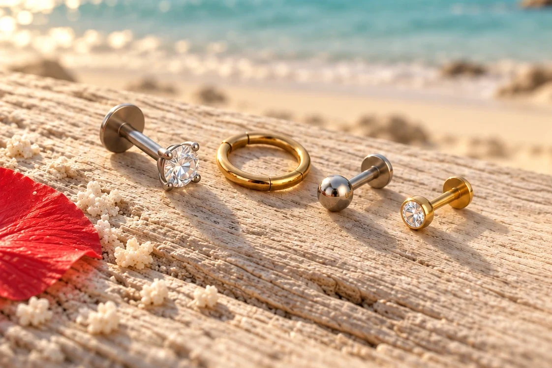 Bijoux de piercing en titane et finition or posés sur du bois flotté, lagon en arrière-plan