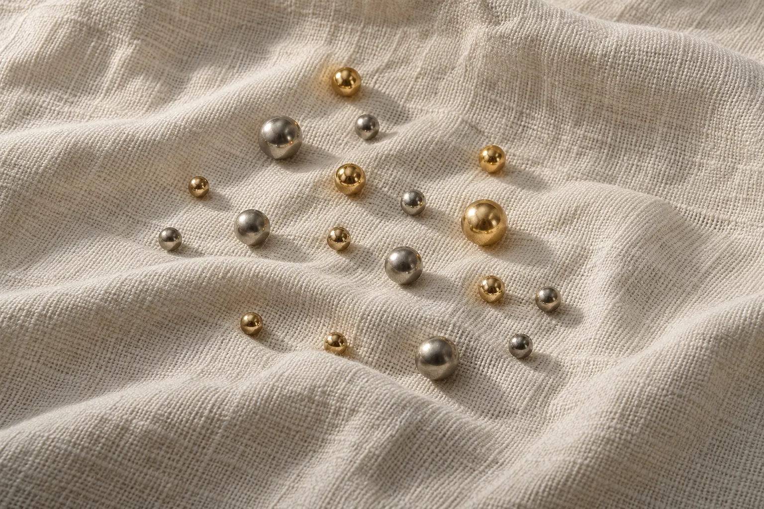 Billes de rechange en titane et finition or dispersées sur un lin crème froissé