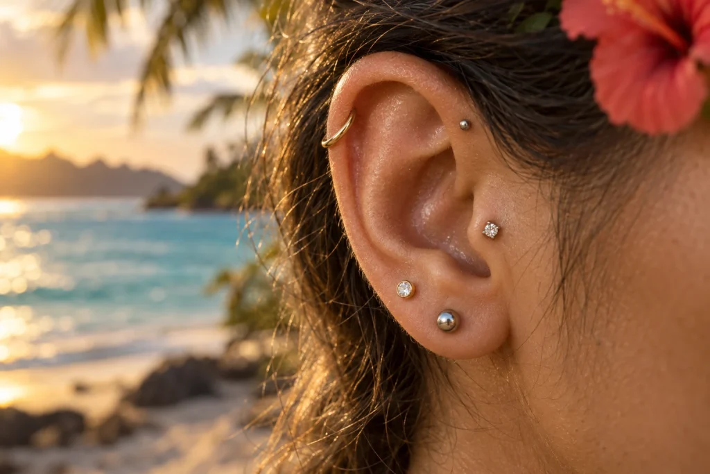 Oreille avec plusieurs piercings en titane et finition or, lagon au coucher du soleil